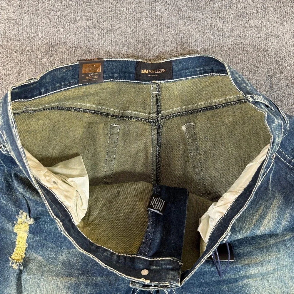 Noblezen Collection Mens Slim Straight Jeans Blue Distressed‎ W40 L32 NEW